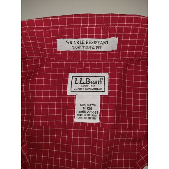 L.L. Bean Men’s M Red White Check Shirt Cotton Button Up Long Sleeve - Picture 5 of 10